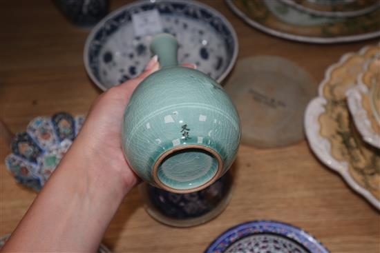 Two Persian Chinese enamel bowls and saucer, a blue and white vase, another plate and a dish